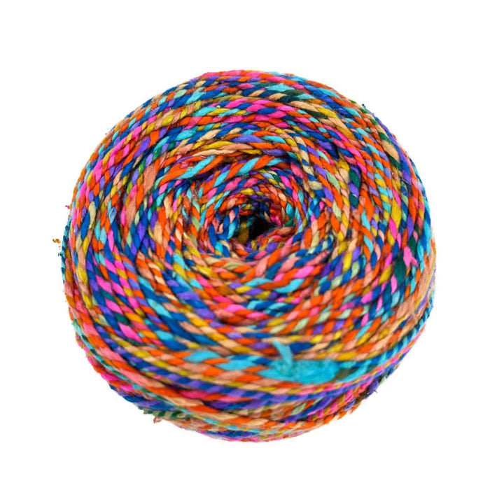 A rolled multi-colored lace weight yarn.