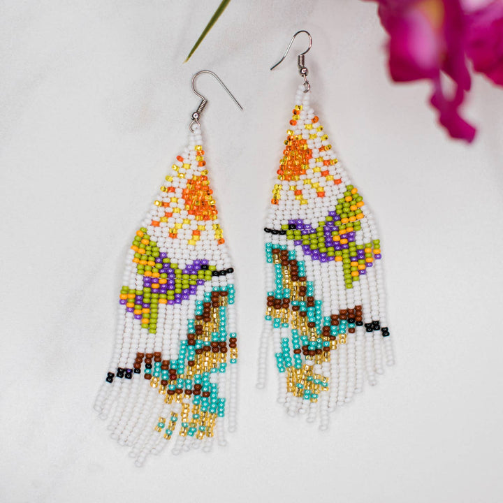 Sunrise Hummingbird Fringe Earrings – White Beaded Statement
