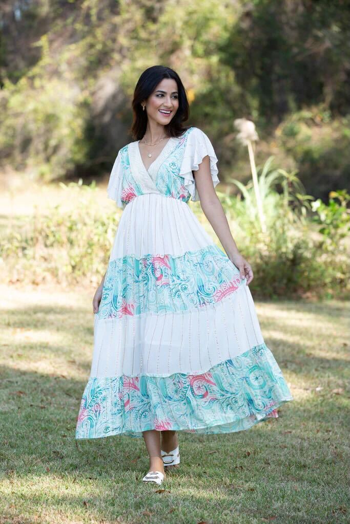 Darn Good Yarn: Limited Edition:  Woodstock Dreams Blue & White Tiered Serene Maxi Dress with Flared Sleeves, Clothing and Accessories