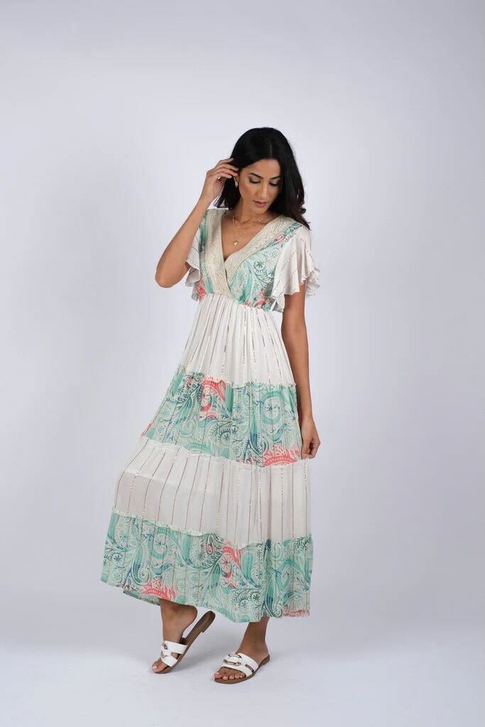 Darn Good Yarn: Limited Edition:  Woodstock Dreams Blue & White Tiered Serene Maxi Dress with Flared Sleeves, Clothing and Accessories