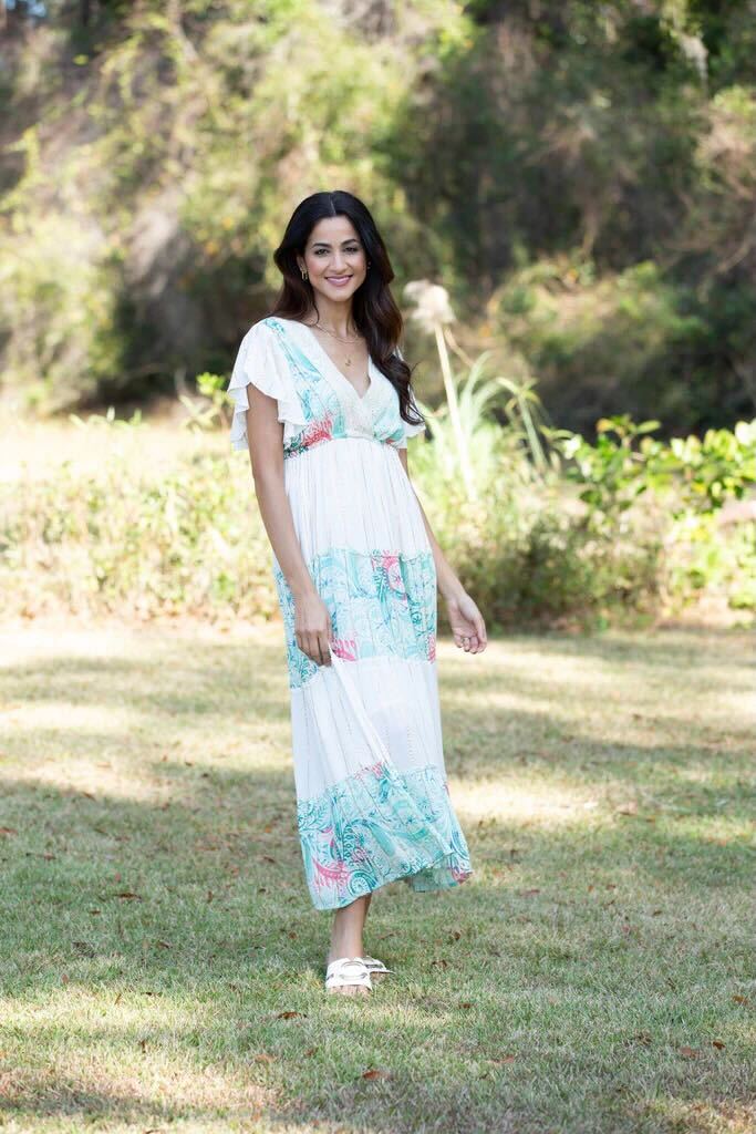 Darn Good Yarn: Limited Edition:  Woodstock Dreams Blue & White Tiered Serene Maxi Dress with Flared Sleeves, Clothing and Accessories