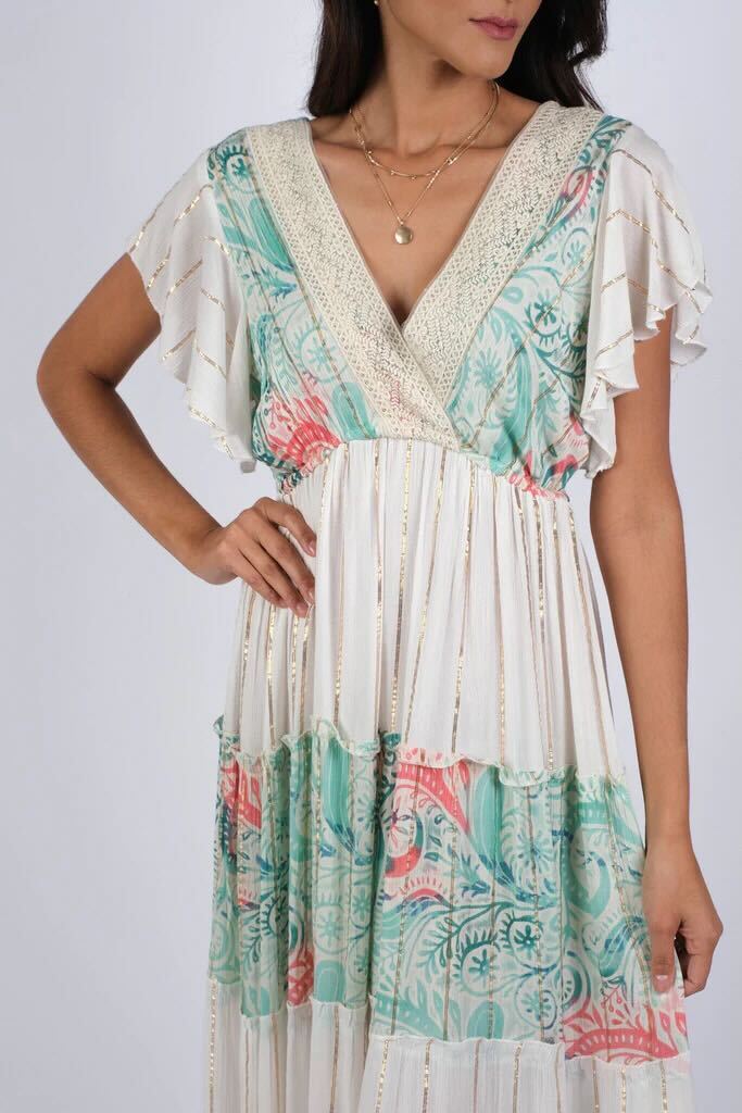 Darn Good Yarn: Limited Edition:  Woodstock Dreams Blue & White Tiered Serene Maxi Dress with Flared Sleeves, Clothing and Accessories