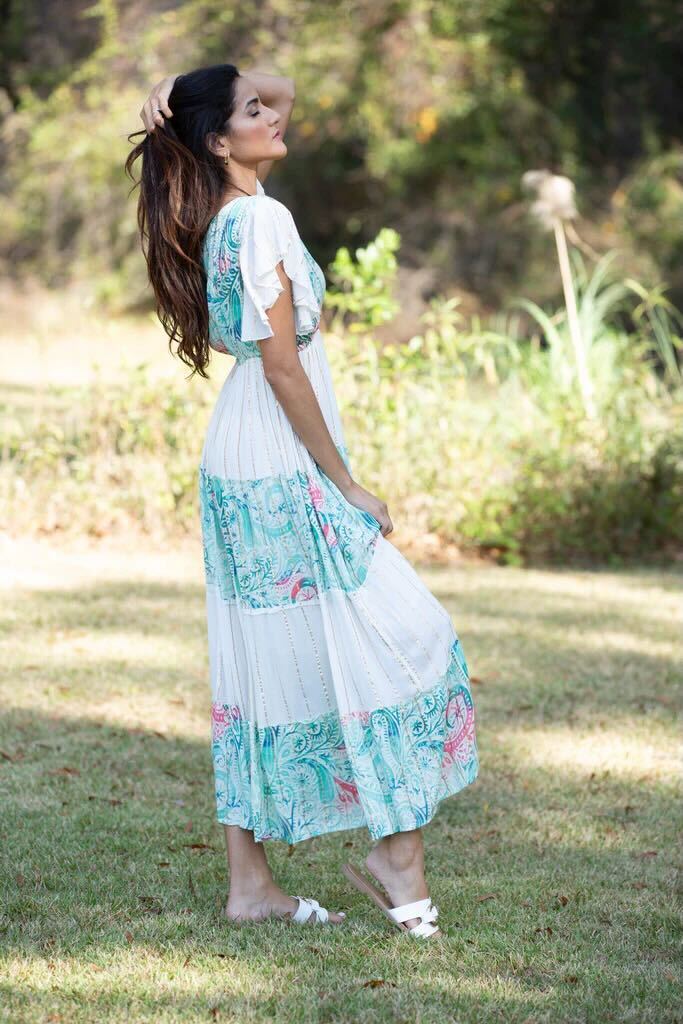 Darn Good Yarn: Limited Edition:  Woodstock Dreams Blue & White Tiered Serene Maxi Dress with Flared Sleeves, Clothing and Accessories