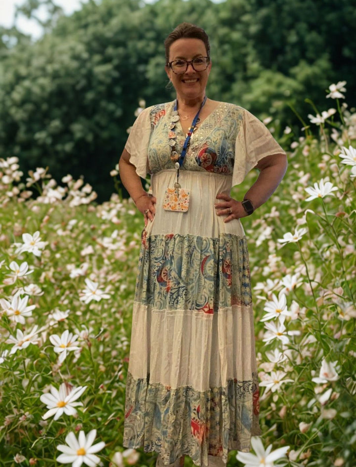 Darn Good Yarn: Limited Edition:  Woodstock Dreams Blue & White Tiered Serene Maxi Dress with Flared Sleeves, Clothing and Accessories