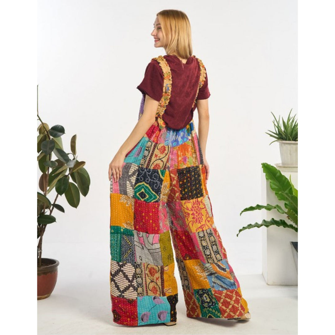 Darn Good Yarn: Limited Edition: Woodstock Dreams Collection Kantha Cotton Jumpsuit with Bib and Pockets, Clothing and Accessories