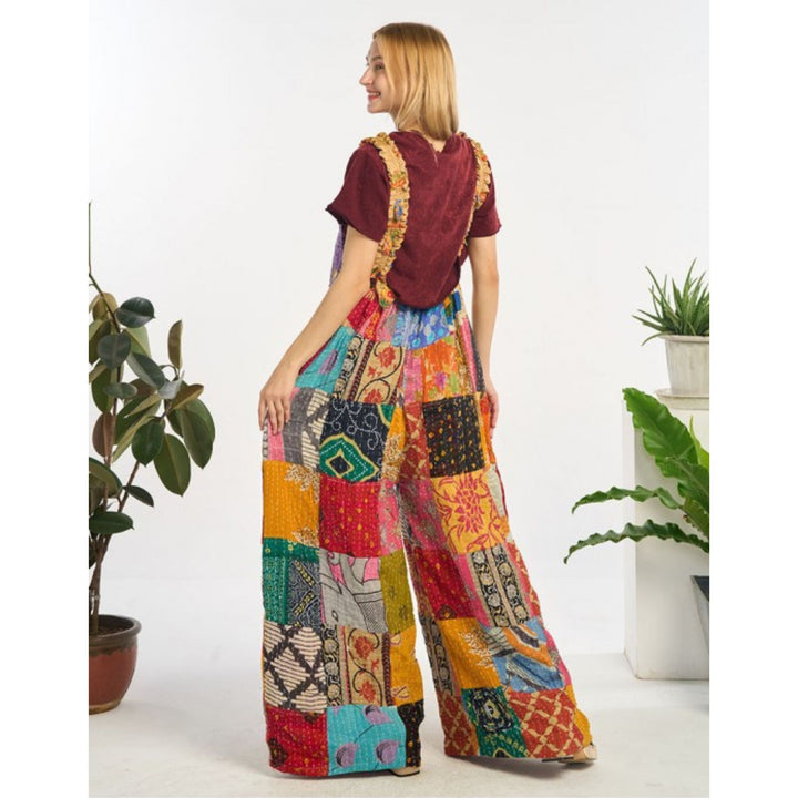 Darn Good Yarn: Limited Edition: Woodstock Dreams Collection Kantha Cotton Jumpsuit with Bib and Pockets, Clothing and Accessories
