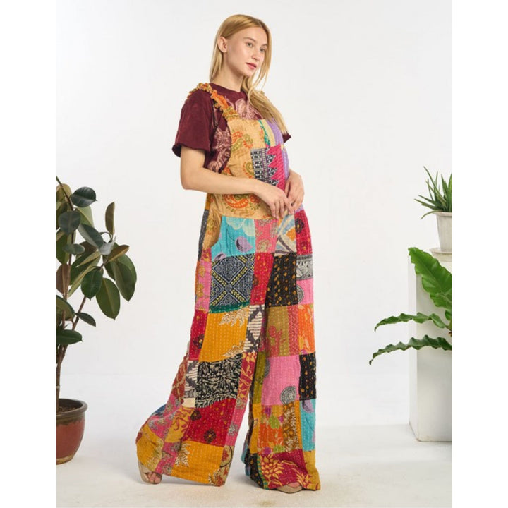 Darn Good Yarn: Limited Edition: Woodstock Dreams Collection Kantha Cotton Jumpsuit with Bib and Pockets, Clothing and Accessories