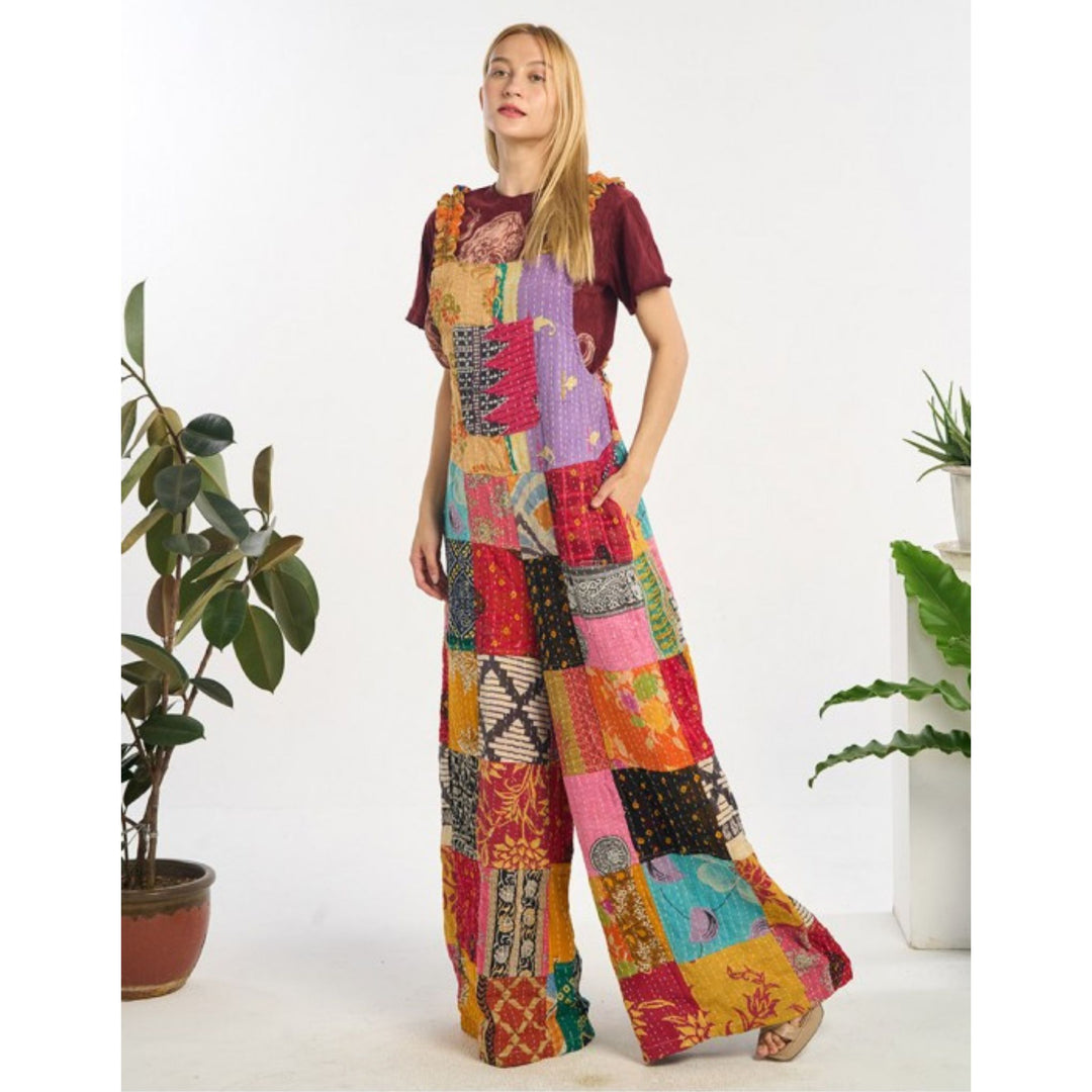 Darn Good Yarn: Limited Edition: Woodstock Dreams Collection Kantha Cotton Jumpsuit with Bib and Pockets, Clothing and Accessories