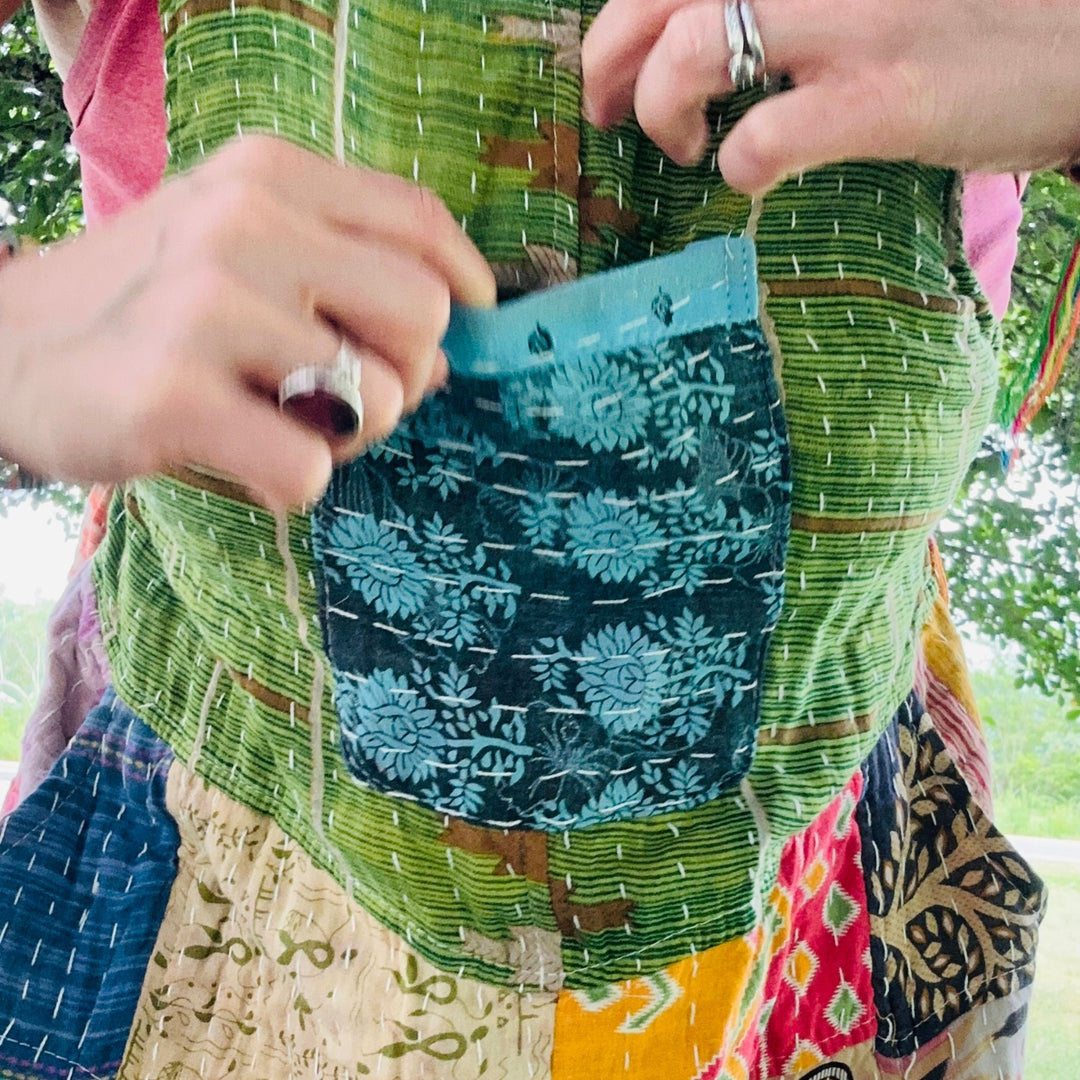 Darn Good Yarn: Limited Edition: Woodstock Dreams Collection Kantha Cotton Overall with Pockets, Clothing and Accessories