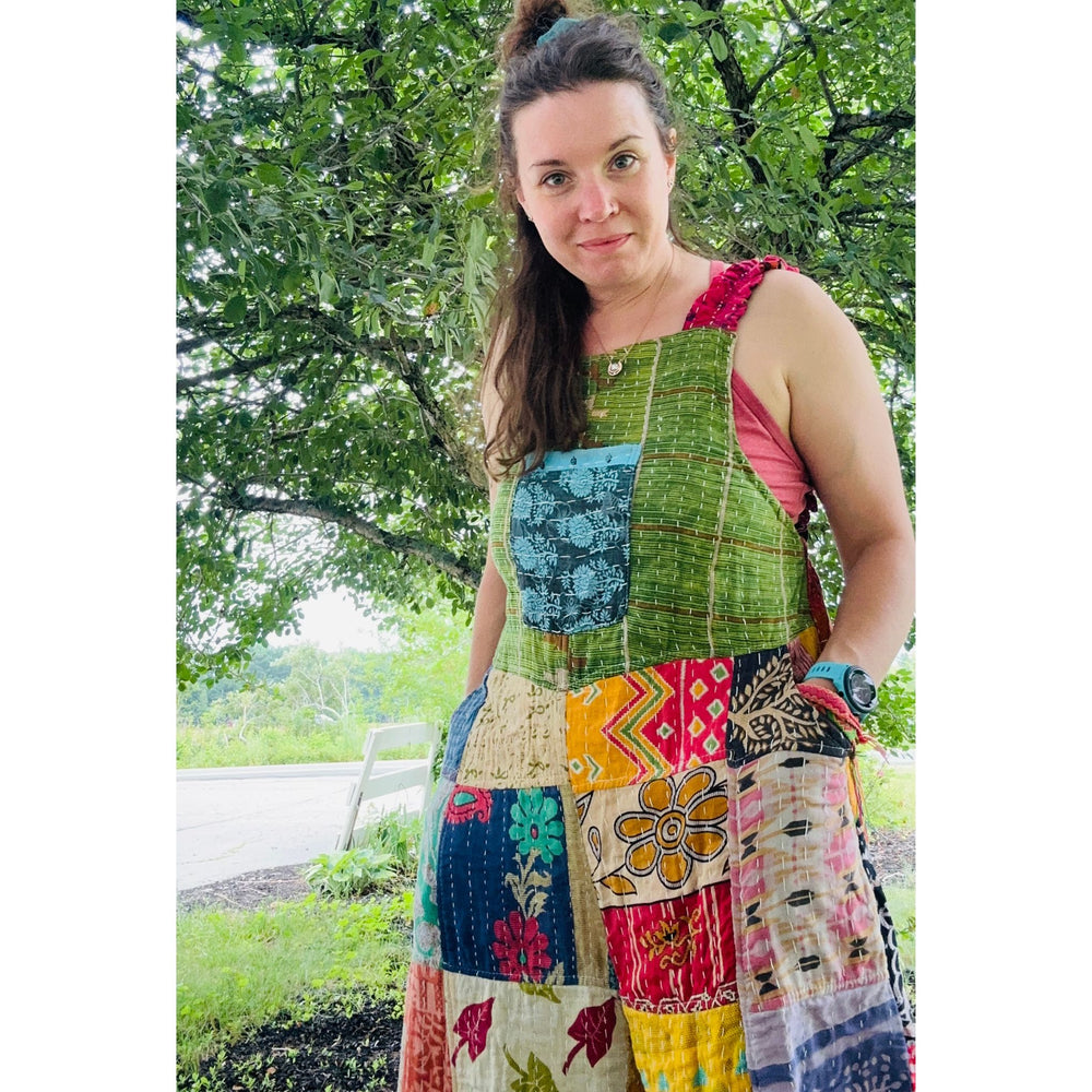 Darn Good Yarn: Limited Edition: Woodstock Dreams Collection Kantha Cotton Overall with Pockets, Clothing and Accessories
