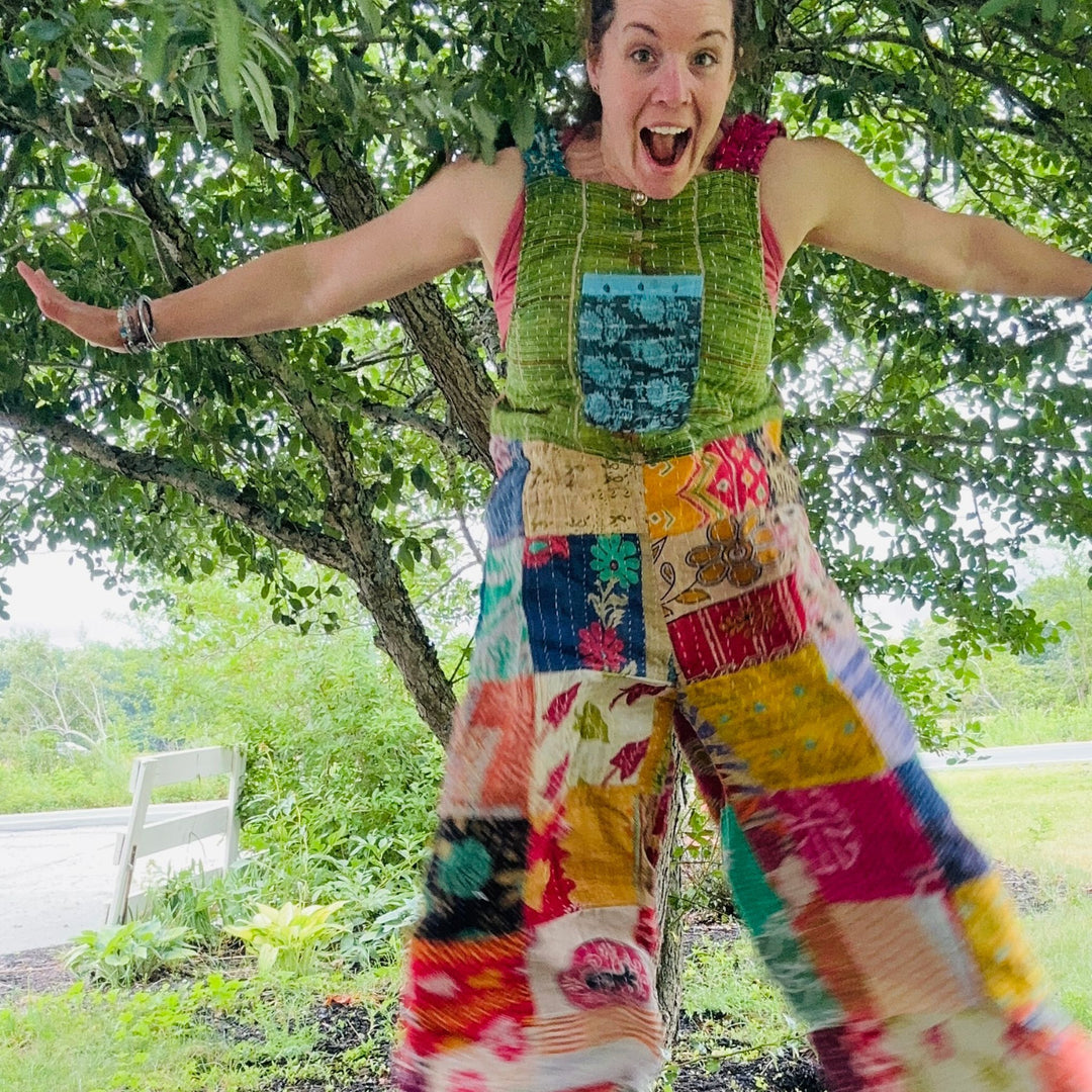 Darn Good Yarn: Limited Edition: Woodstock Dreams Collection Kantha Cotton Overall with Pockets, Clothing and Accessories