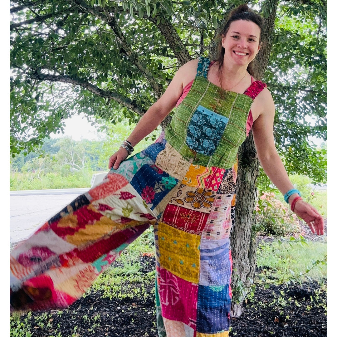 Darn Good Yarn: Limited Edition: Woodstock Dreams Collection Kantha Cotton Overall with Pockets, Clothing and Accessories