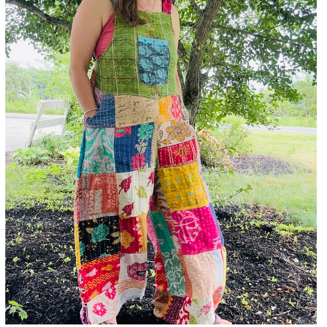 Darn Good Yarn: Limited Edition: Woodstock Dreams Collection Kantha Cotton Overall with Pockets, Clothing and Accessories