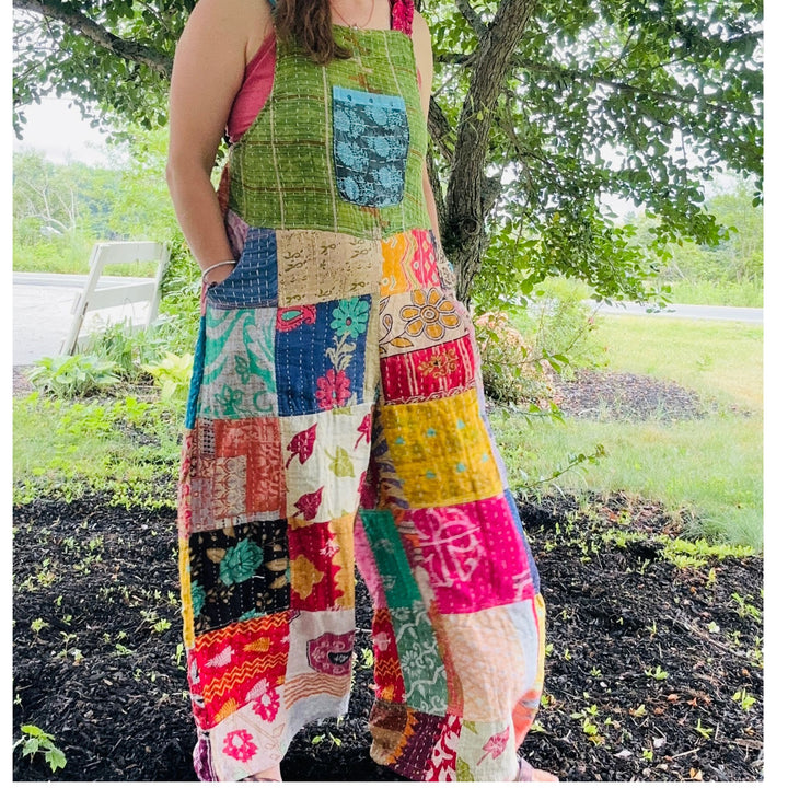 Darn Good Yarn: Limited Edition: Woodstock Dreams Collection Kantha Cotton Overall with Pockets, Clothing and Accessories