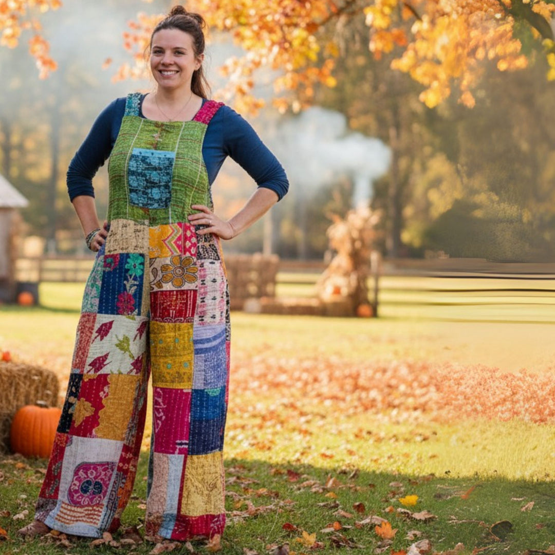 Darn Good Yarn: Limited Edition: Woodstock Dreams Collection Kantha Cotton Overall with Pockets, Clothing and Accessories
