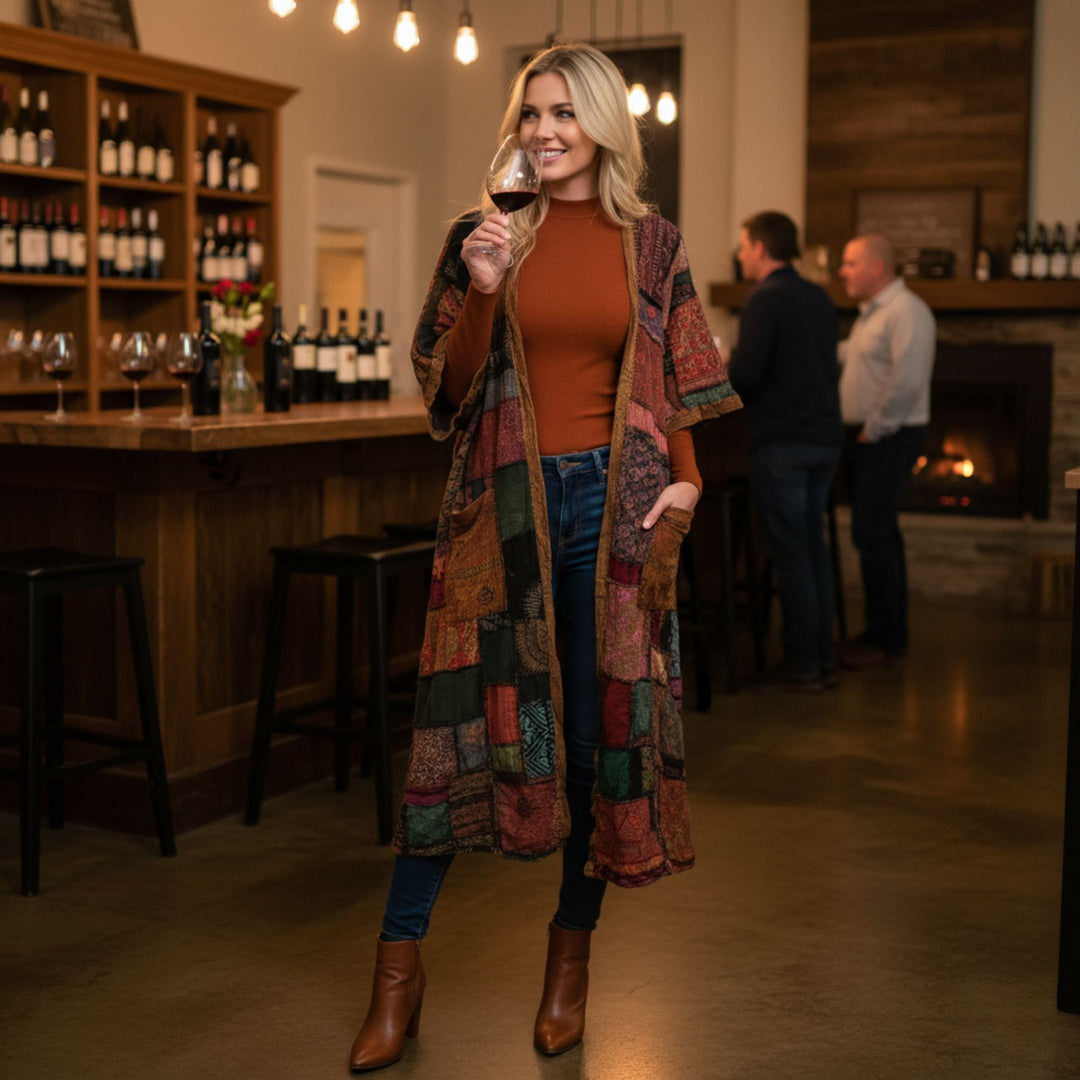 Darn Good Yarn: Limited Edition: Woodstock Dreams Handcrafted Patchwork Long Duster, Clothing and Accessories