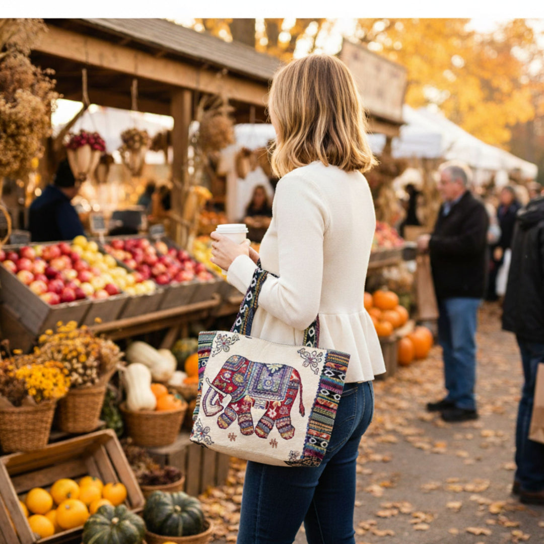 Darn Good Yarn: Royal Parade Elephant Woven Tote, Clothing and Accessories