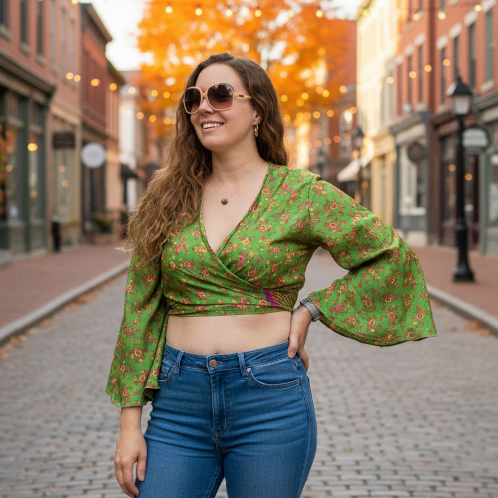 Darn Good Yarn: Sari Bell Sleeve Wrap Top, Clothing and Accessories