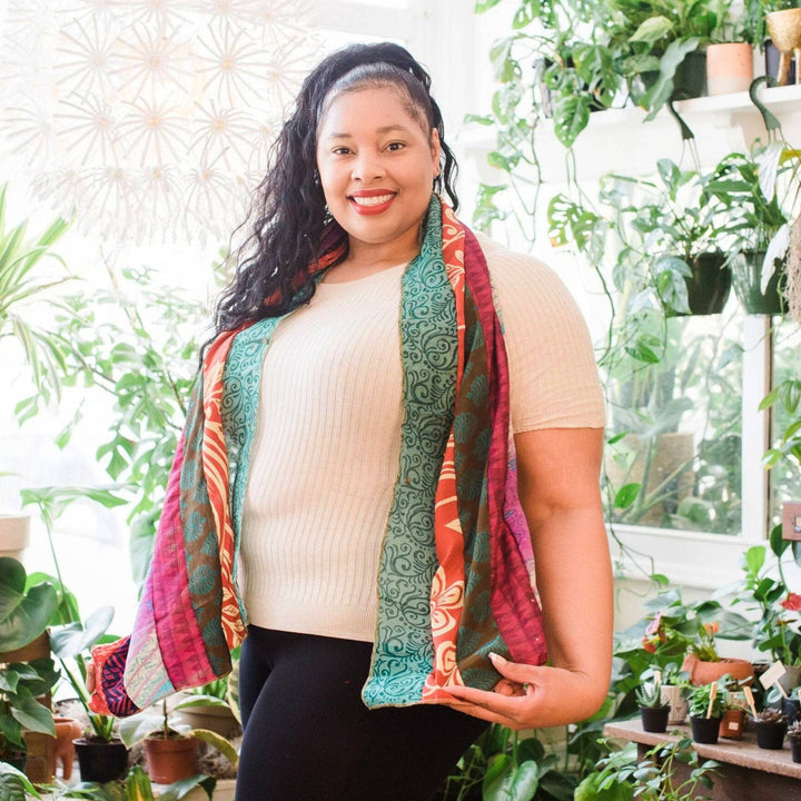 Woman wearing a medley scarf around her neck