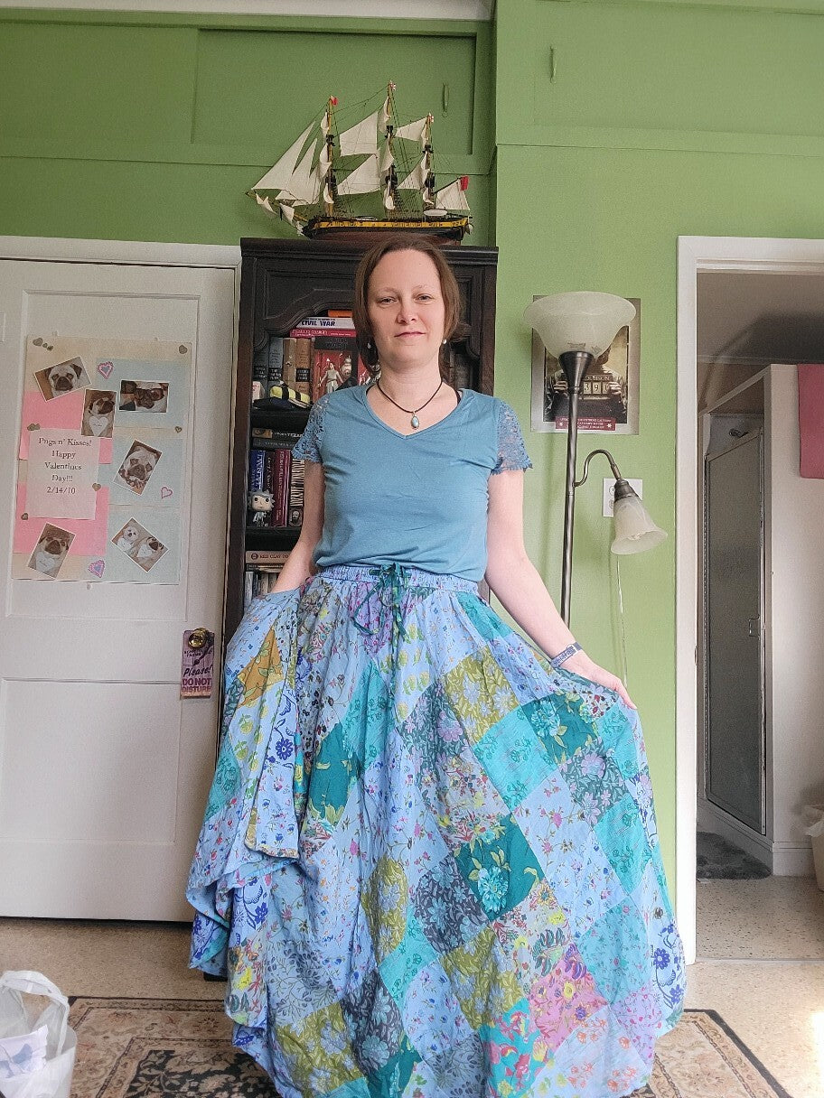 Darn Good Yarn: Cotton Patchwork Skirts with finger loops & buttons for skirt hikes, Clothing and Accessories