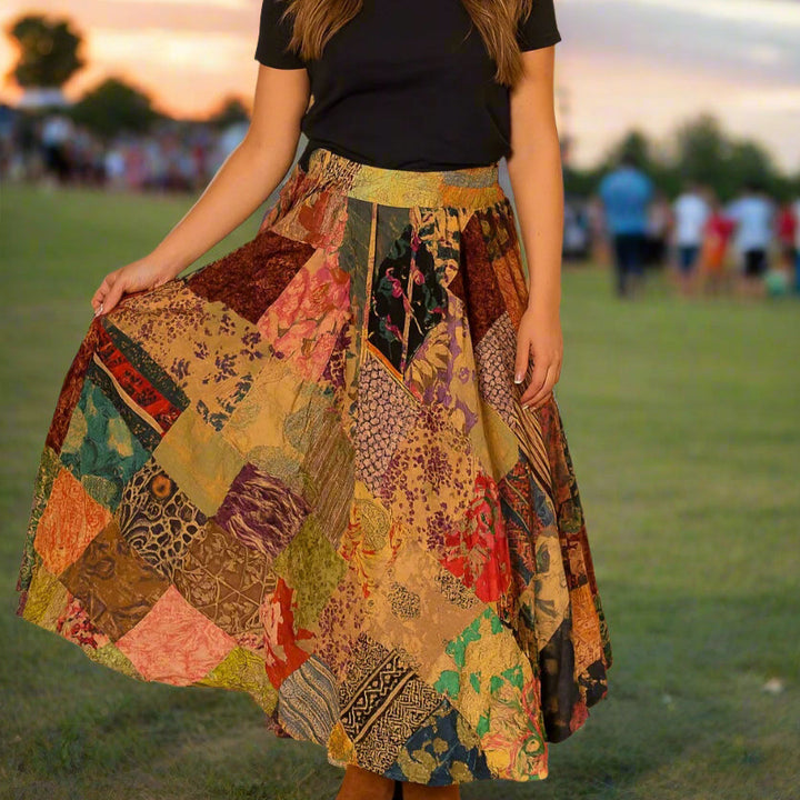 Darn Good Yarn: Woodstock Collection: Cotton Patchwork Skirts with finger loops & buttons for skirt hikes, Clothing and Accessories