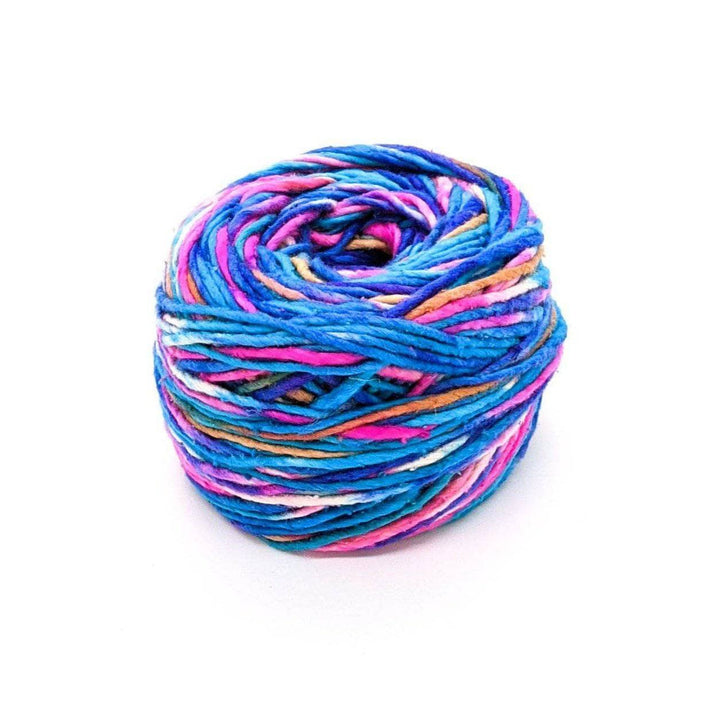 A cake of blue, pink, white, tan, and purple yarn on a white background
