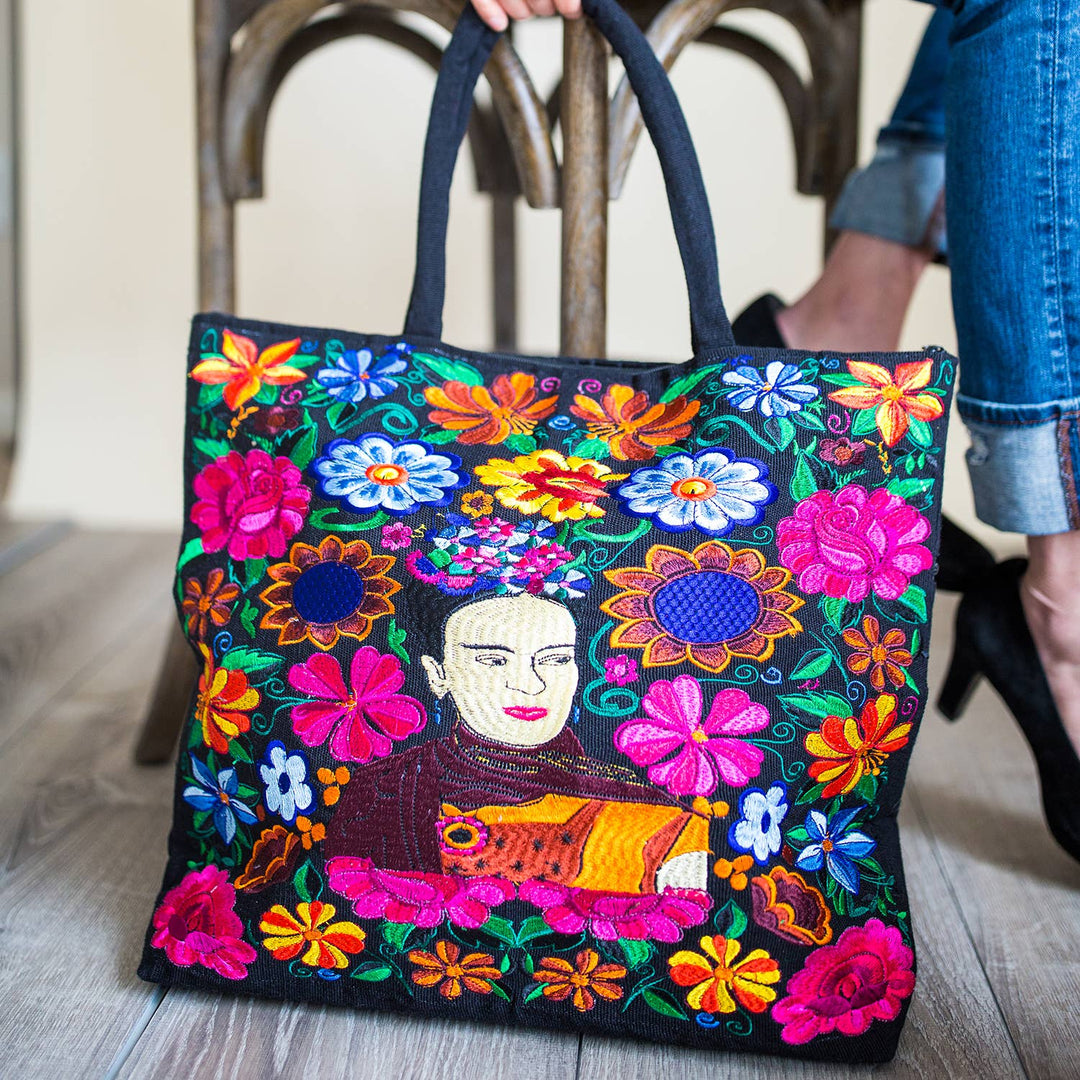 Embroidered Mexican Folk Art Tote Bag – Frida-Inspired, Assorted Designs
