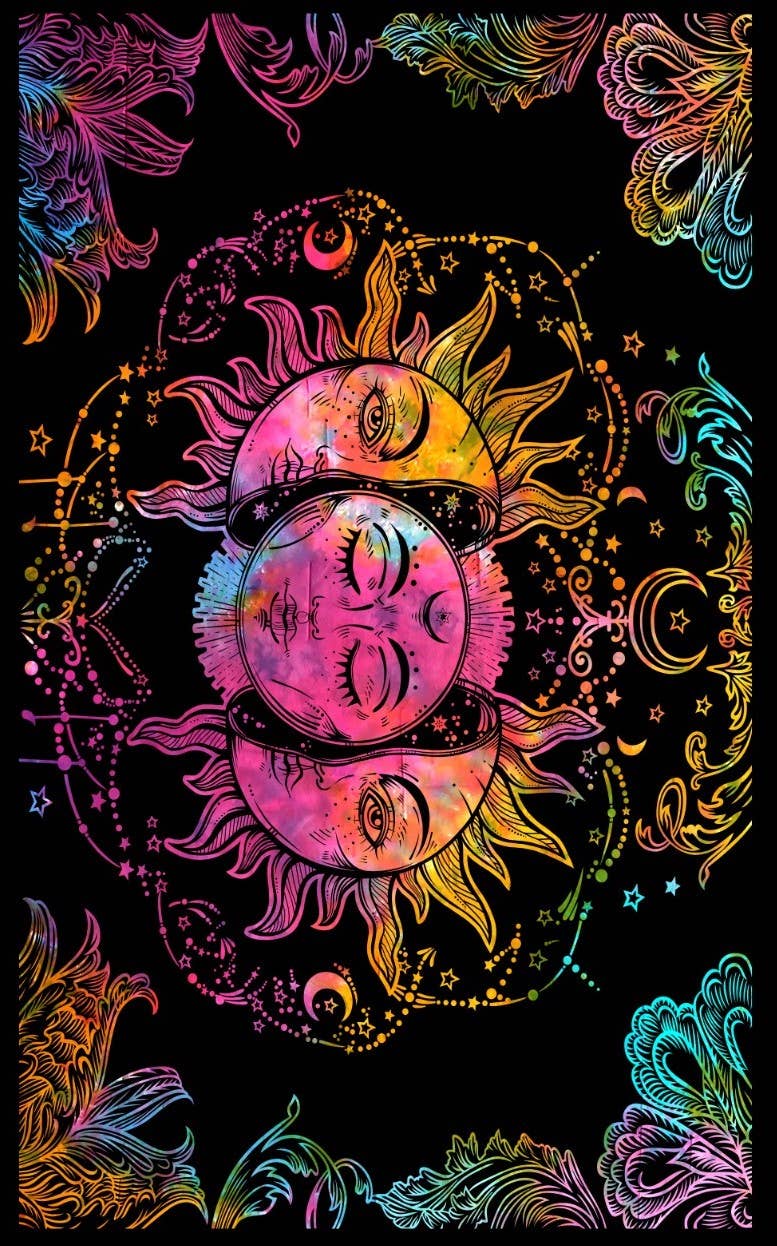 Sun & Moon Celestial Tapestry – Three Faces Trippy Wall Hanging (55" x 85")