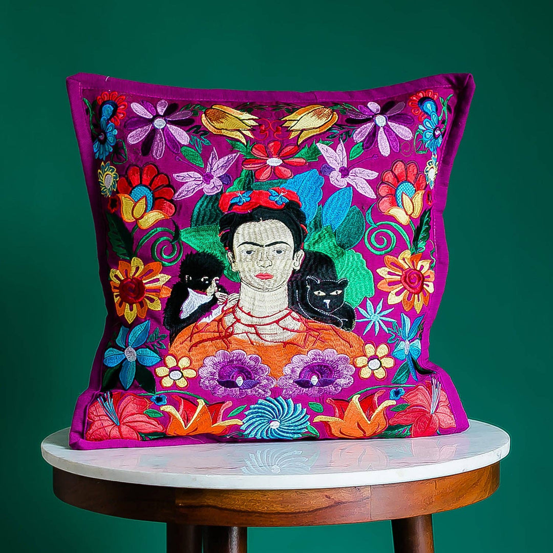Frida Kahlo Embroidered Pillowcase – Fair Trade Dia de los Muertos Decor