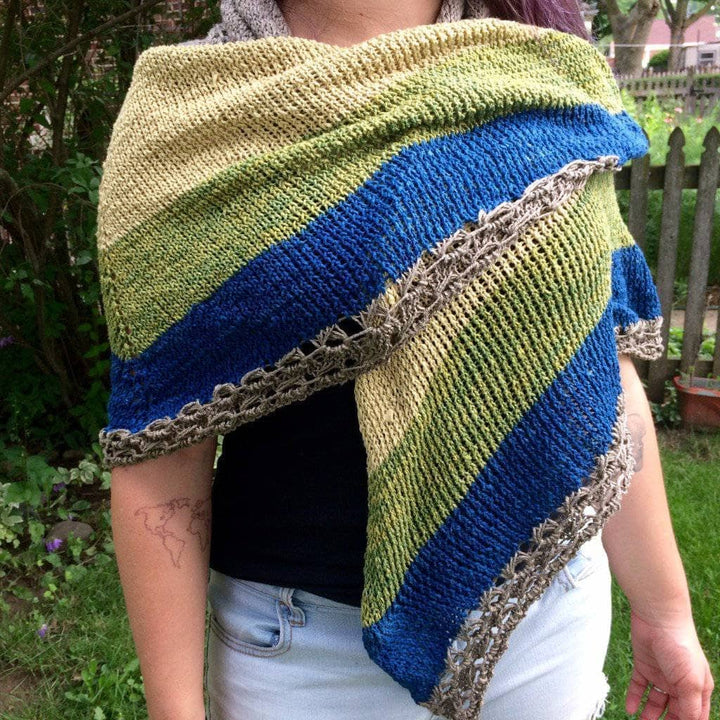 woman wearing a Herbal Sunrise Shawl outdoors