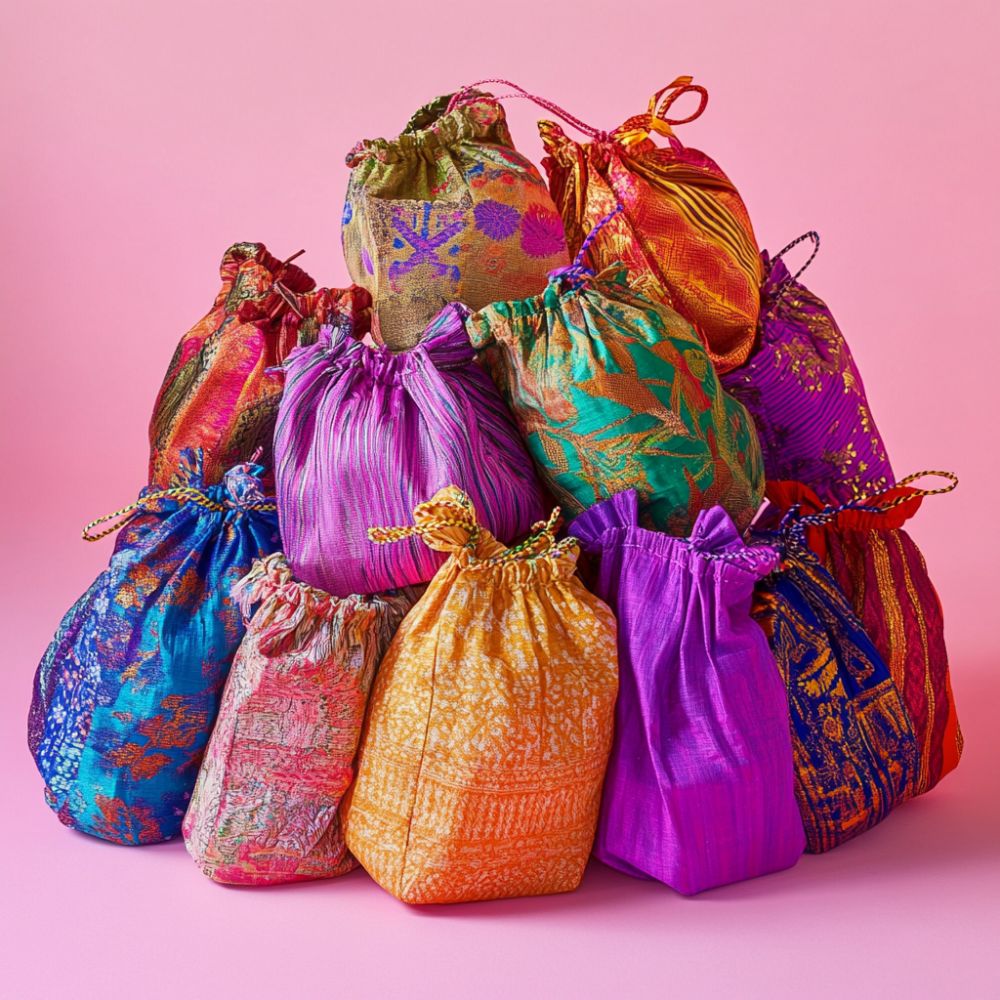 A collection of colorful drawstring bags made from various vibrant fabrics with intricate patterns, stacked in a pyramid shape against a pink background.