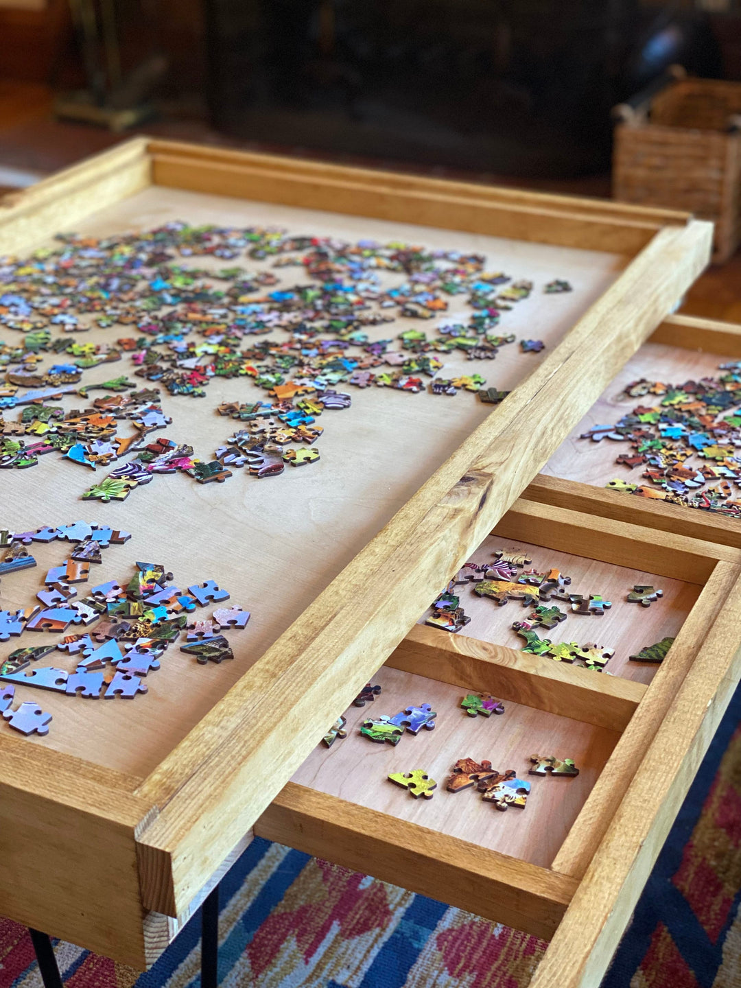 Darn Good Yarn: Rustic Puzzle Coffee Table with removable glass top - includes 2 hidden drawers - 24x36", 