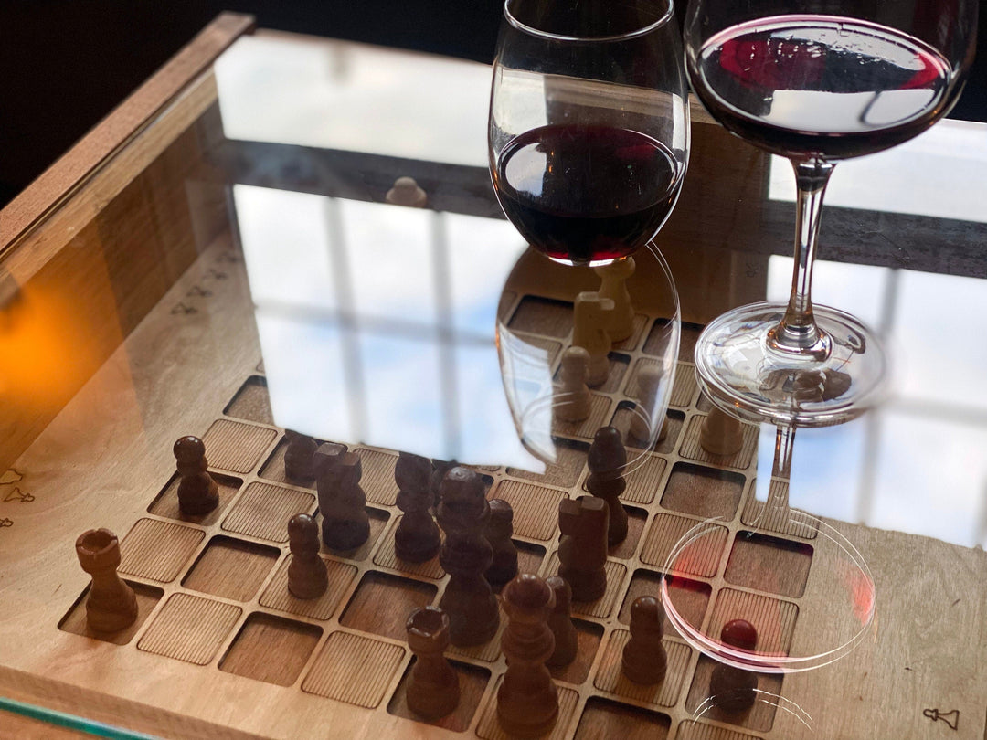 Darn Good Yarn: Rustic Chess and Checkers Table with removable glass top - chess and checkers pieces included, 