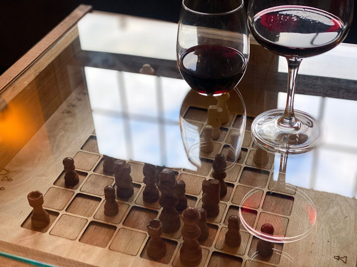 Darn Good Yarn: Rustic Chess and Checkers Table with removable glass top - chess and checkers pieces included, 
