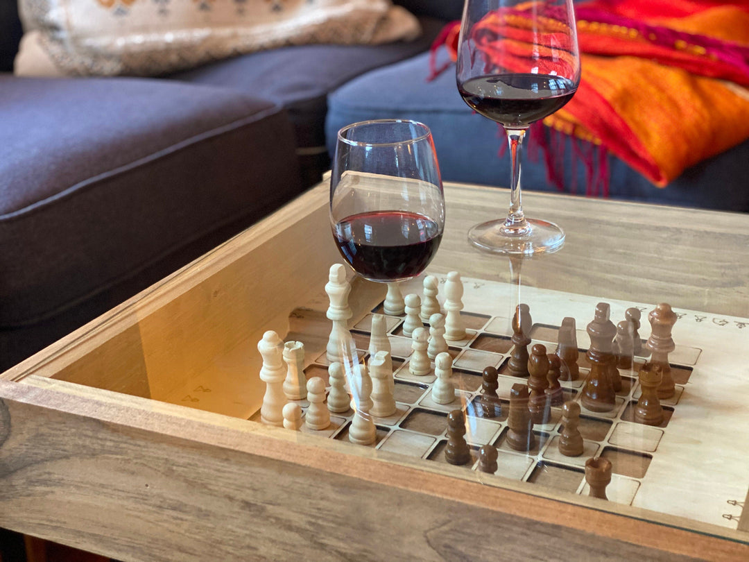 Darn Good Yarn: Rustic Chess and Checkers Table with removable glass top - chess and checkers pieces included, 