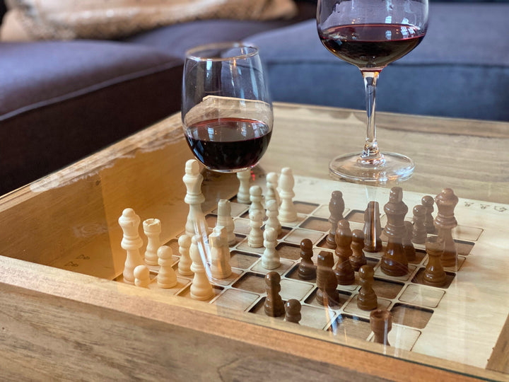 Darn Good Yarn: Rustic Chess and Checkers Table with removable glass top - chess and checkers pieces included, 