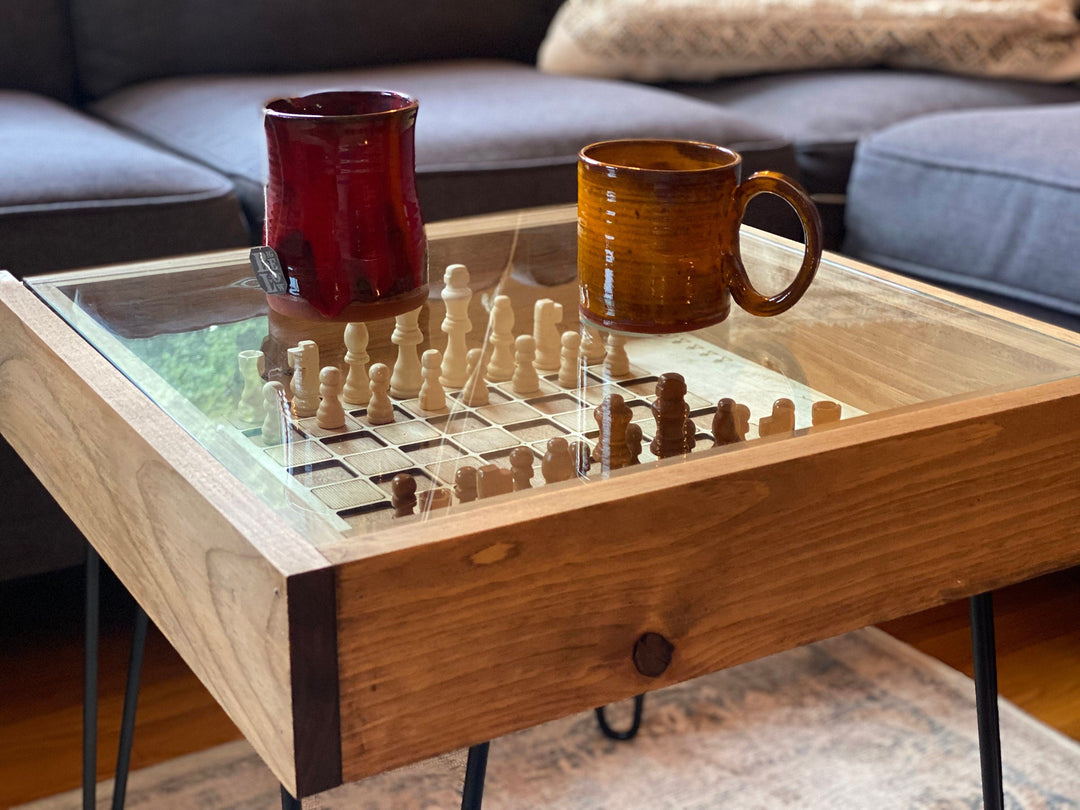 Darn Good Yarn: Rustic Chess and Checkers Table with removable glass top - chess and checkers pieces included, 