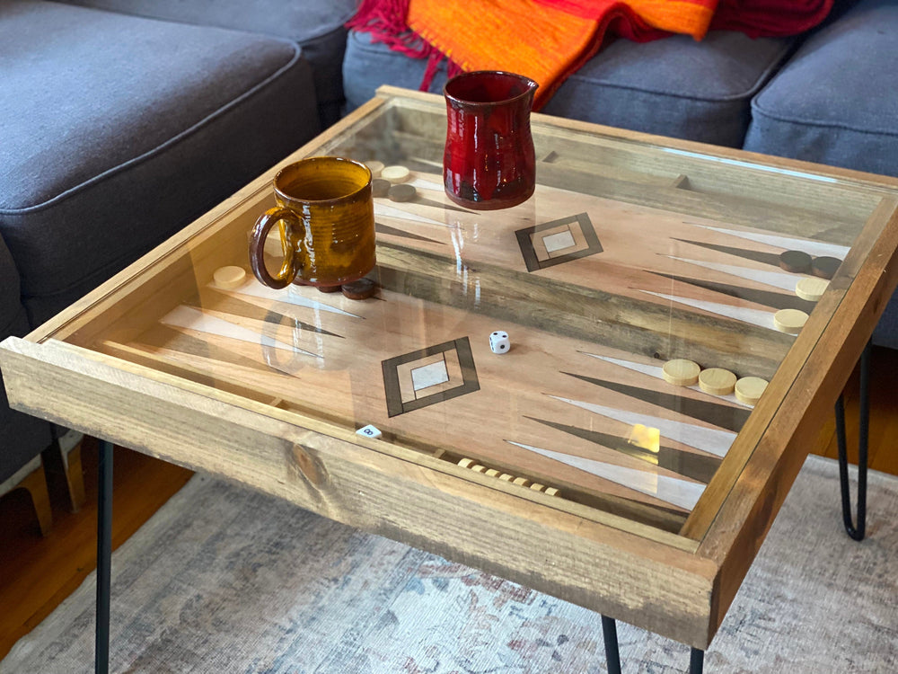 Darn Good Yarn: Rustic Backgammon Coffee Table with removable glass top - 25x25", 