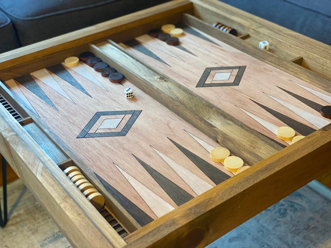 Darn Good Yarn: Rustic Backgammon Coffee Table with removable glass top - 25x25", 