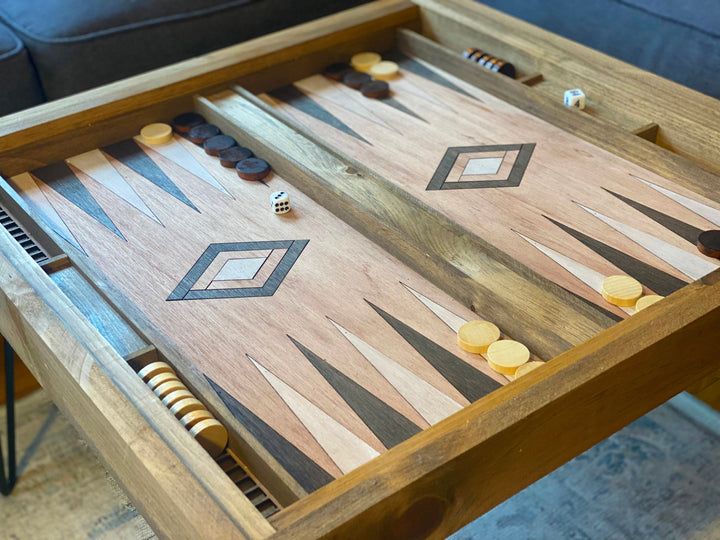 Darn Good Yarn: Rustic Backgammon Coffee Table with removable glass top - 25x25", 