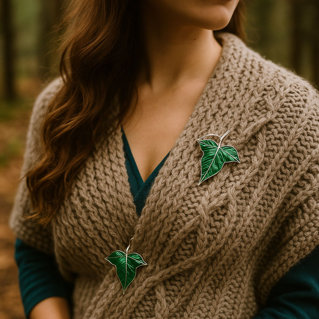Darn Good Yarn: Elven Leaf Brooch & Pendant Set — 2-Pack in Enchanted Green & Silver, Jewelry
