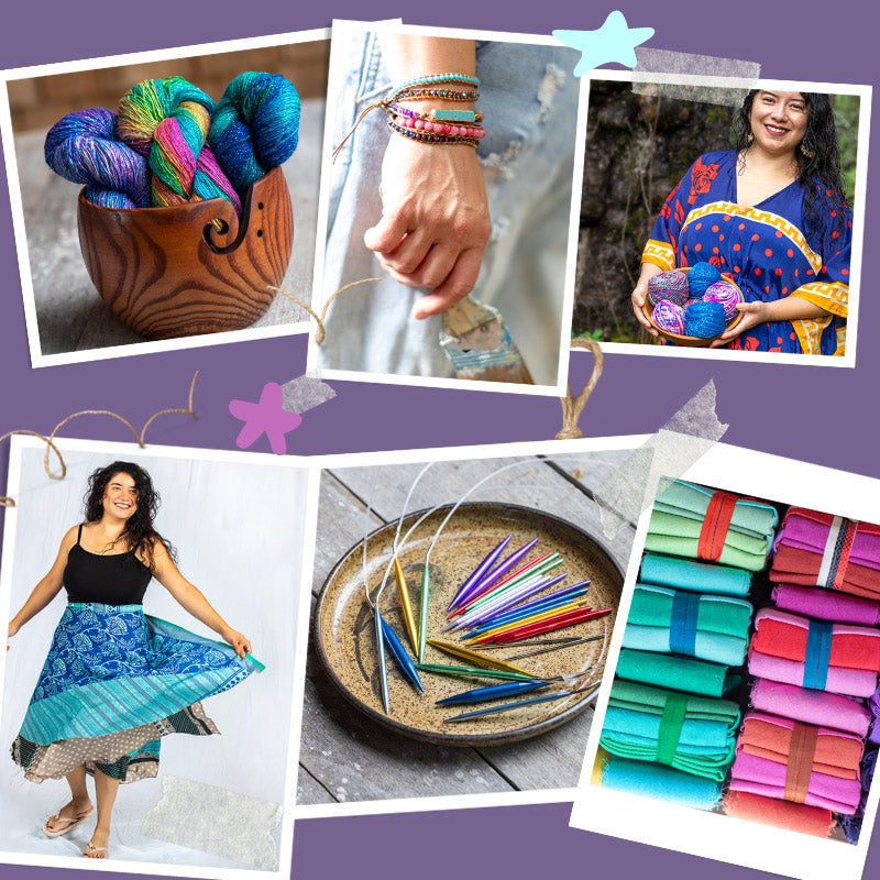 Montage of products on purple background: wooden yarn bowl with sparkle recycled silk yarn, wrap beaded bracelet, woman wearing bright dress holding a bowl of multicolored yarn, woman wearing black tanktop with blue and teal sari wrap skirt, notions.