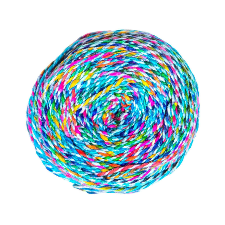 Blue spectrum (blue and rainbow marled) plied reclaimed silk yarn