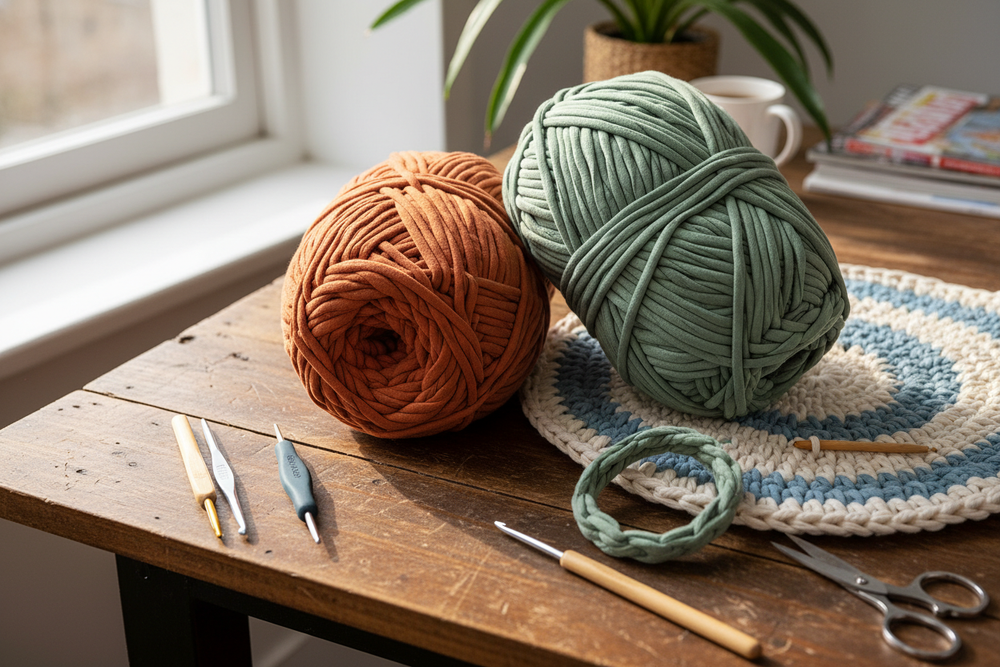 please create another photo with 2 skeins of cotton tshirt yarn mega skeins on a craft desk with a project and crochet hooks. 