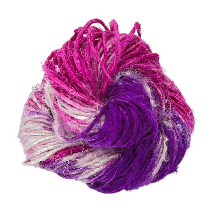 banana fiber vegan yarn pink purple and white variegated.