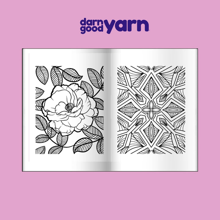 Coloring book open to two pages displaying the pages that will be inside the coloring book. 