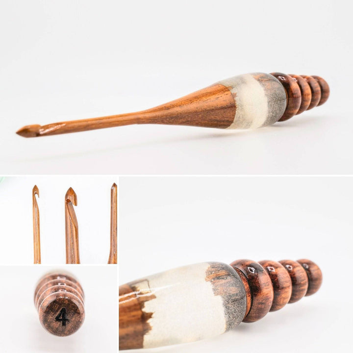 A wooden and resin crochet hooks.