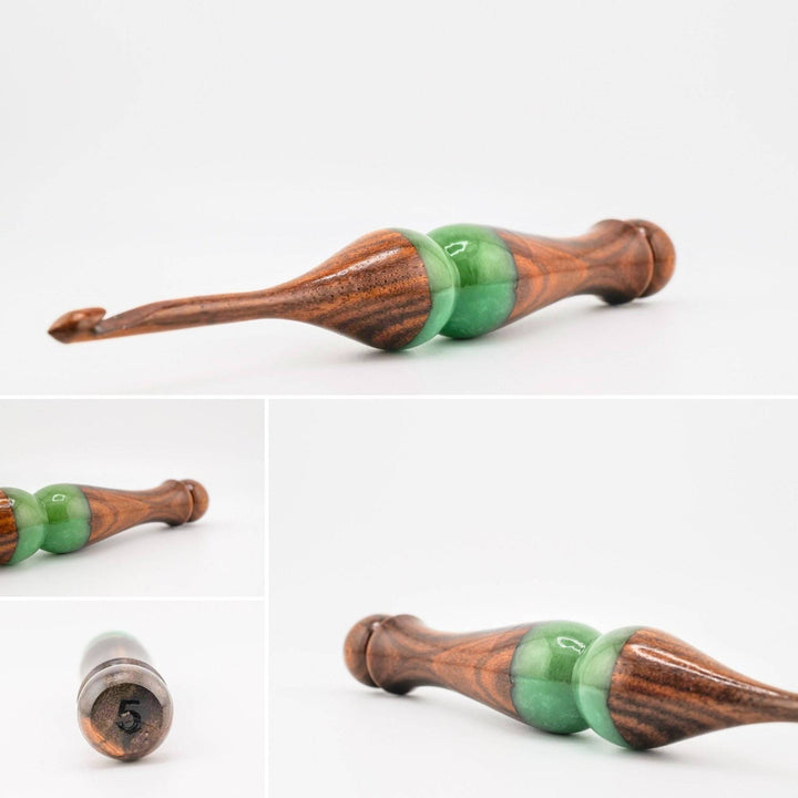 A wooden and resin crochet hooks.