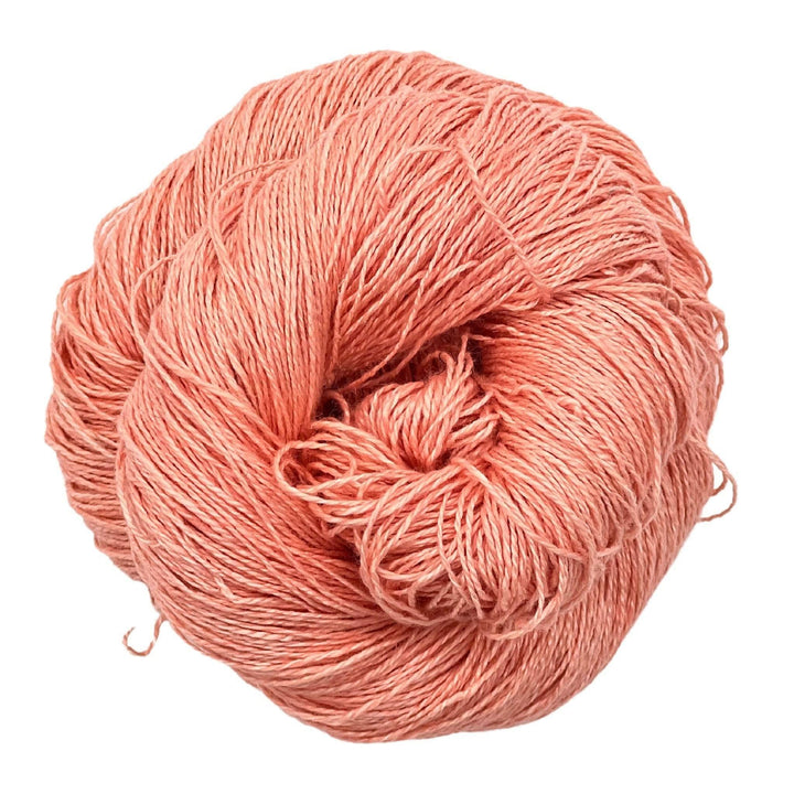 A skein of sport weight 2-Ply Linen Yarn in the colorway "Raspberry Blush" on a white background.