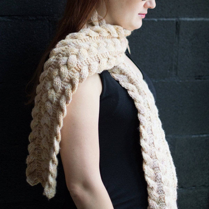 Woman wearing Third Law Cabled Scarf in Samabyon (yellow)